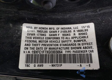 2016 Honda Civic Ex-L z USA, uszkodzony, nr VIN 19XFC1F7XGE003064